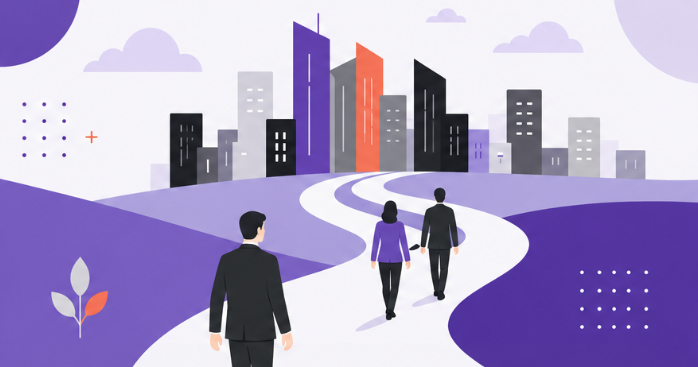 Teams walking toward a connected city skyline