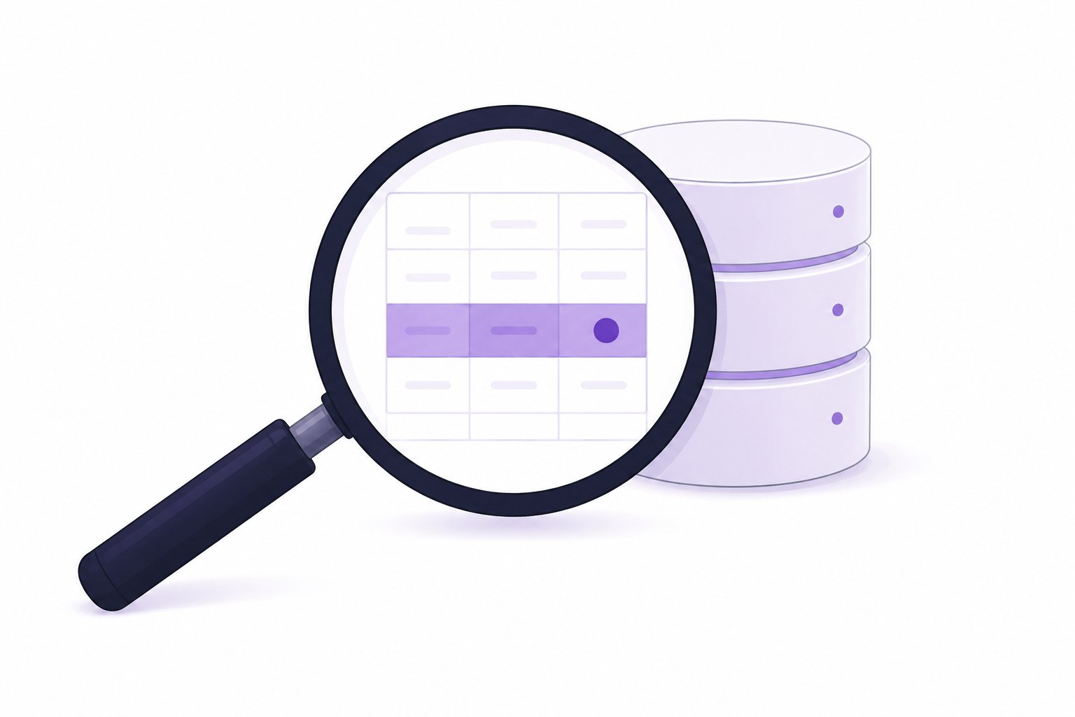 Illustration of a magnifying glass inspecting a data table next to a stacked database icon