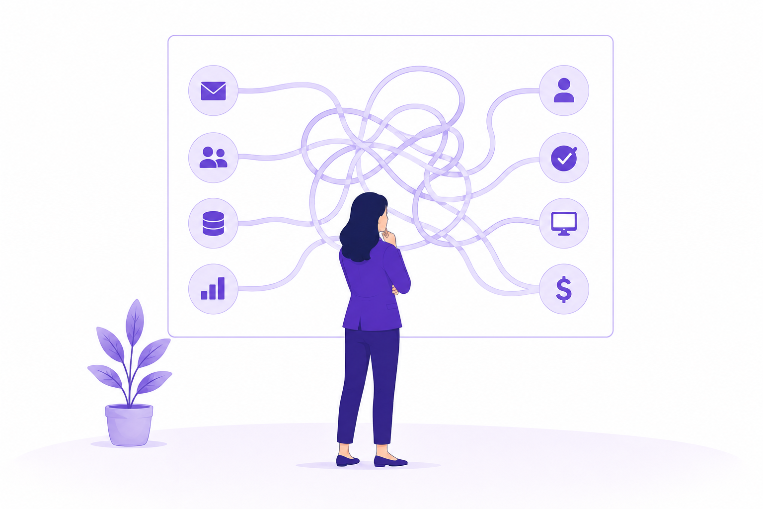 Purple-toned illustration of a professional looking at tangled connections between marketing, data, reporting, and technology icons
