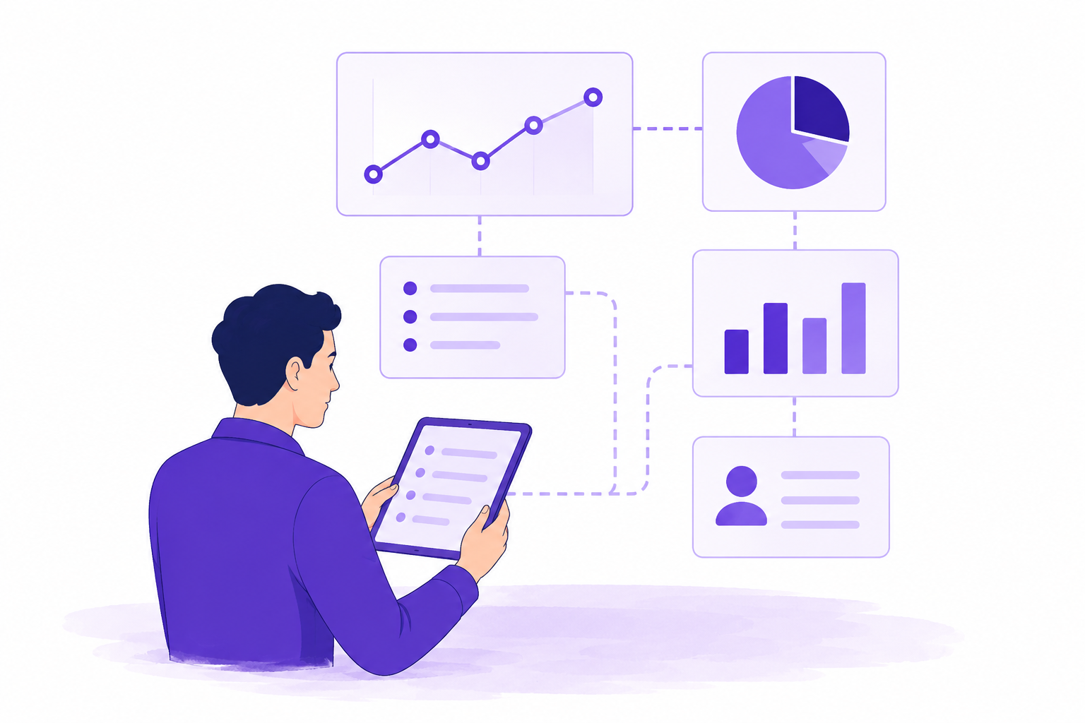 Purple-toned illustration of a man reviewing connected dashboard panels and marketing analytics on a tablet