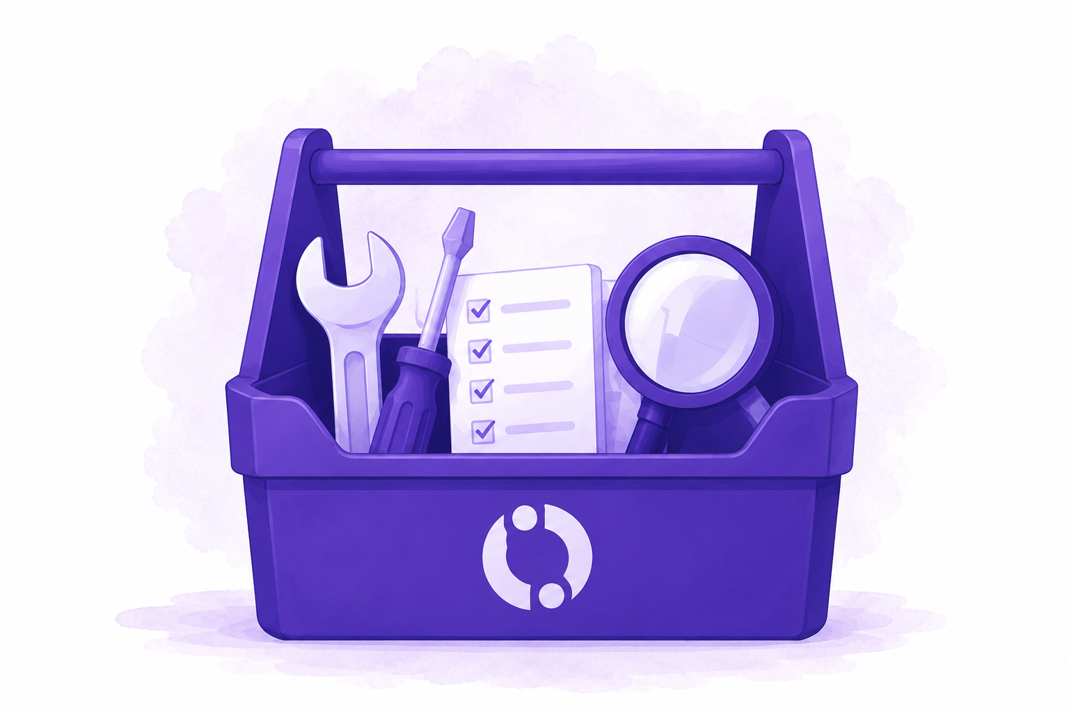 Purple toolbox containing a wrench, screwdriver, checklist, and magnifying glass representing marketing operations tools and diagnostics