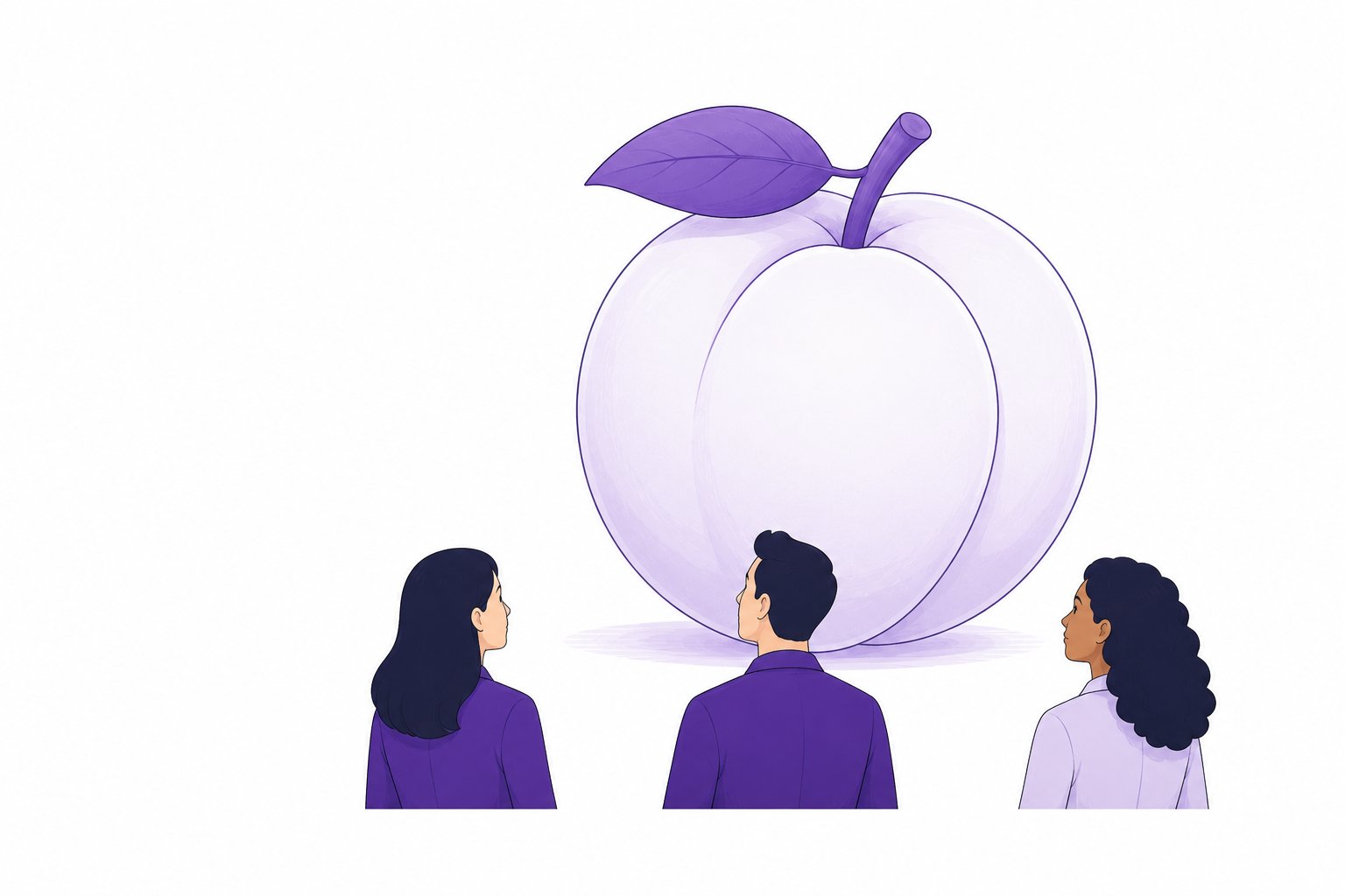 Illustration of a large peach with three people standing in front of it, viewed from behind