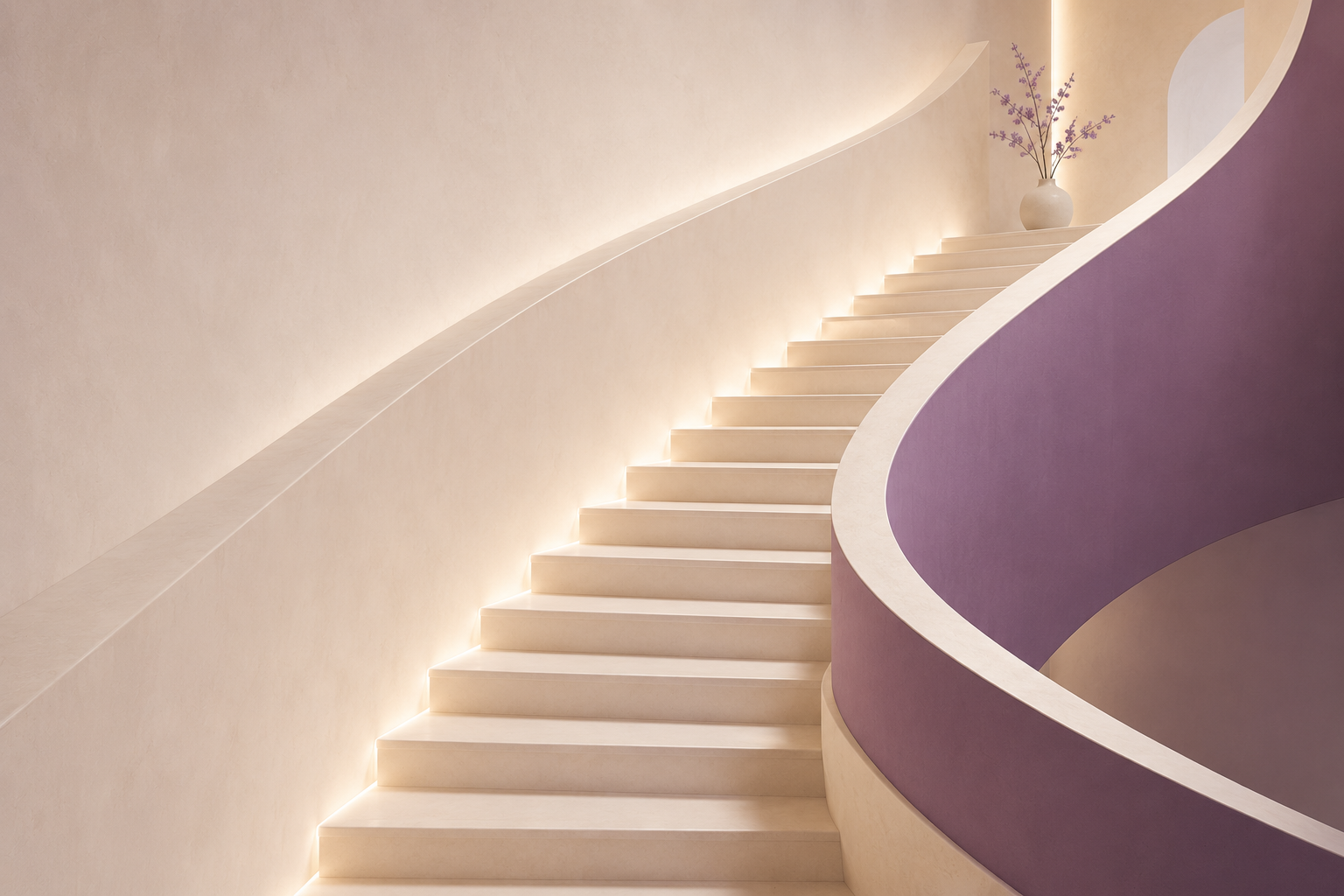 Curved staircase in cream and violet tones, evoking the winding path of marketing operations maturity