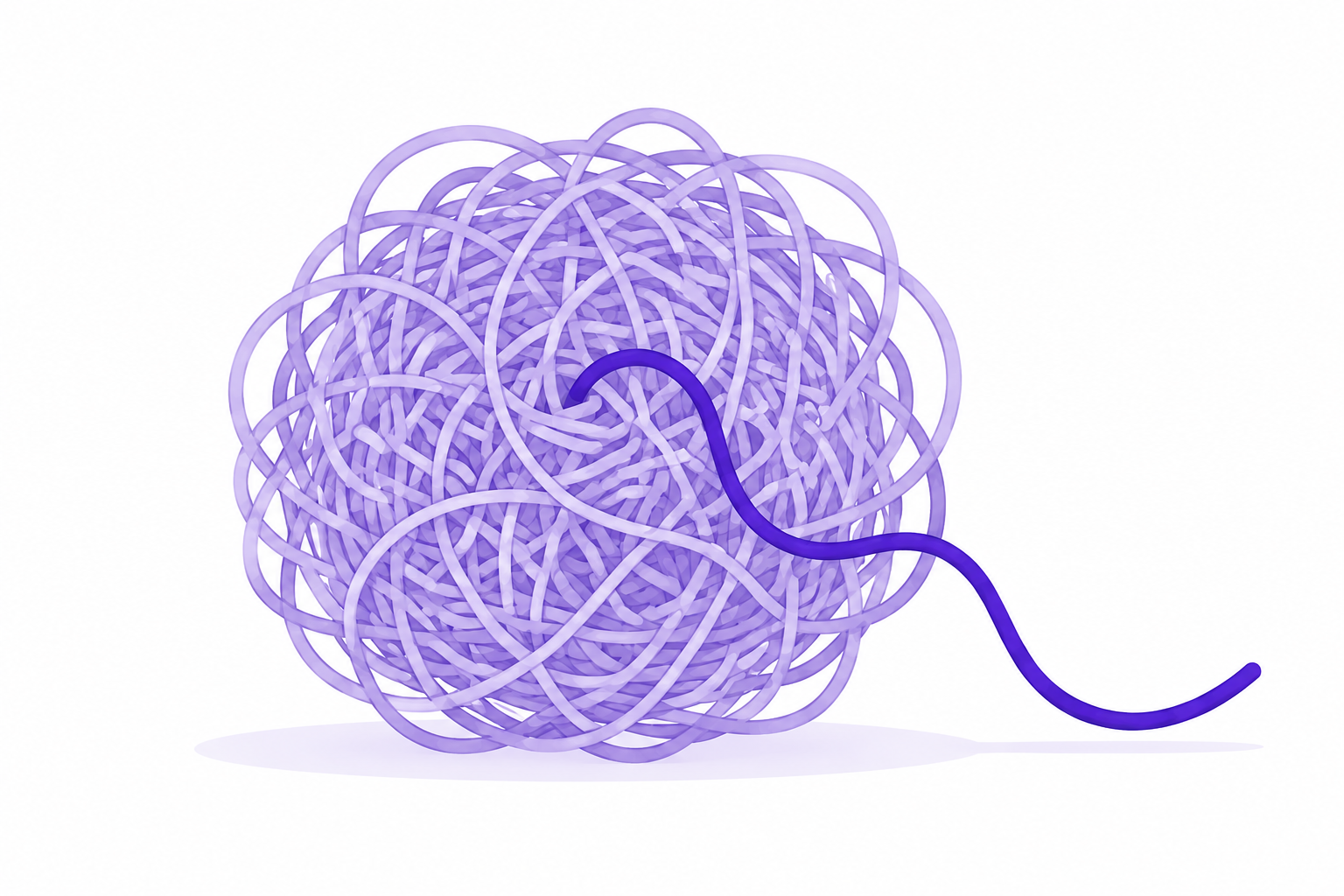 Illustration of a single highlighted thread being pulled from a tangled bundle of yarn