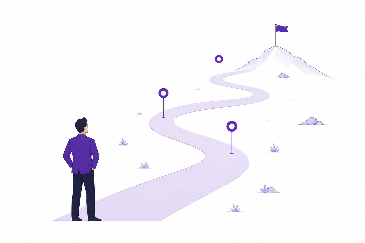 Illustration of a person looking at a winding path with milestone markers leading to a flag on a mountaintop