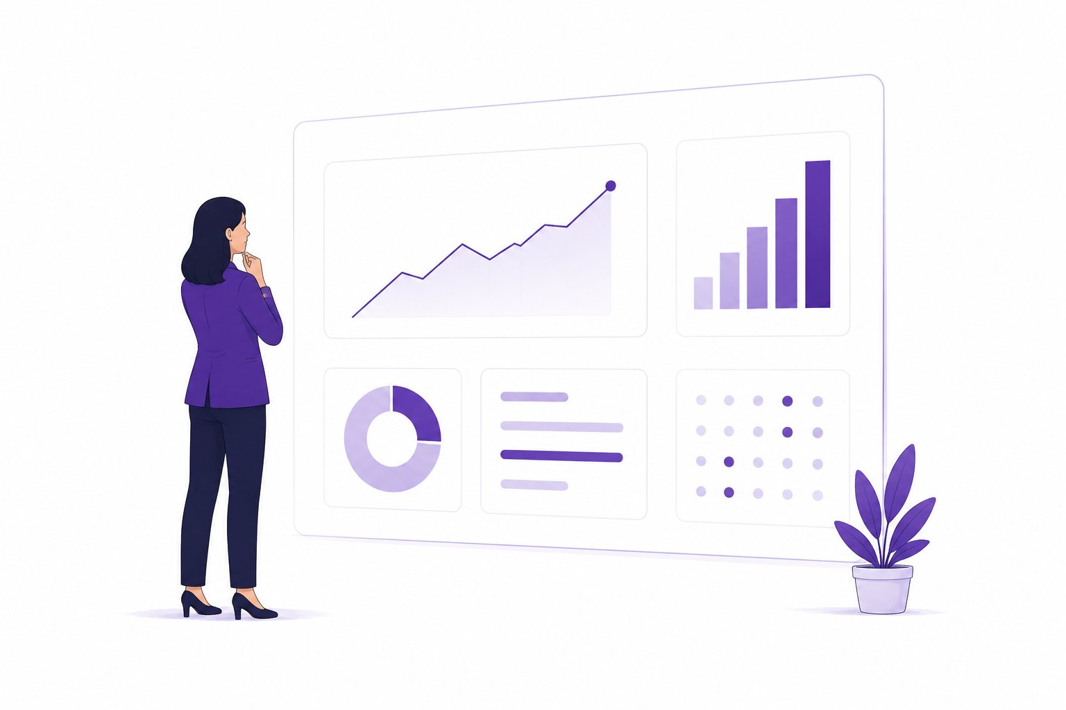 Illustration of a person looking at a large dashboard with performance graphs, bar charts, a donut chart, and a data grid